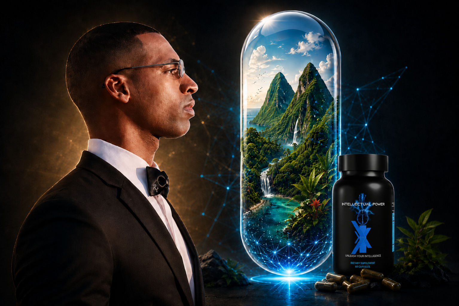 Brother Rizza Islam beside the Intellectual Power St. Lucia capsule and product bottle