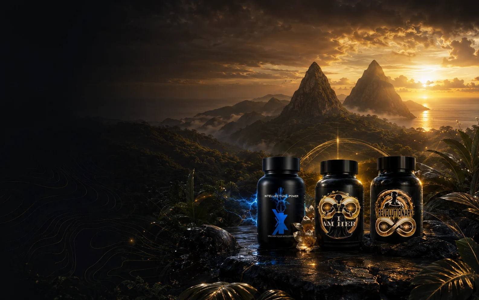 The three Intellectual Power formulas presented within a cinematic St. Lucia landscape at sunset