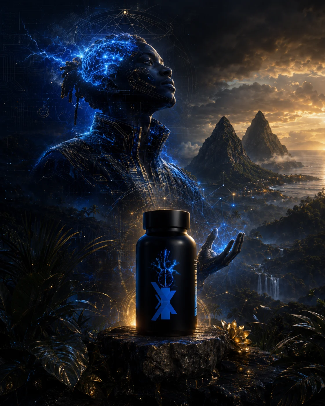 A visionary Black man surrounded by blue neural energy in a St. Lucia landscape