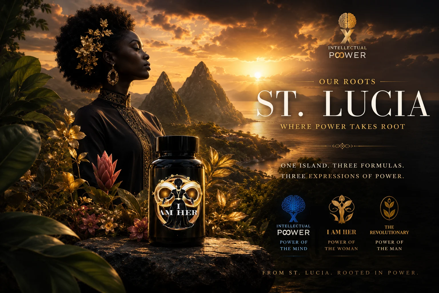 A fully covered Black woman in an elegant botanical St. Lucia setting representing I AM HER