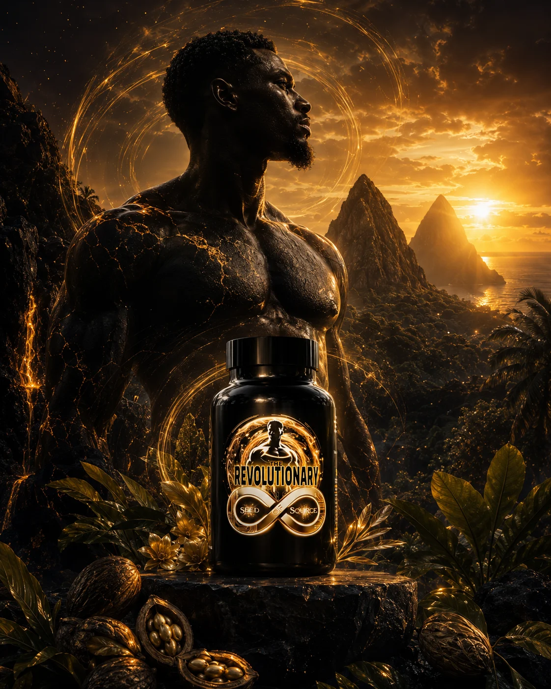 A powerful Black man framed by volcanic terrain and golden energy in St. Lucia