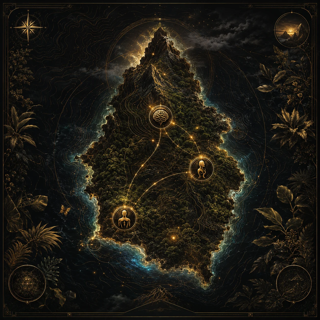 A luminous illustrated map of St. Lucia surrounded by botanical forms and gold cartographic details
