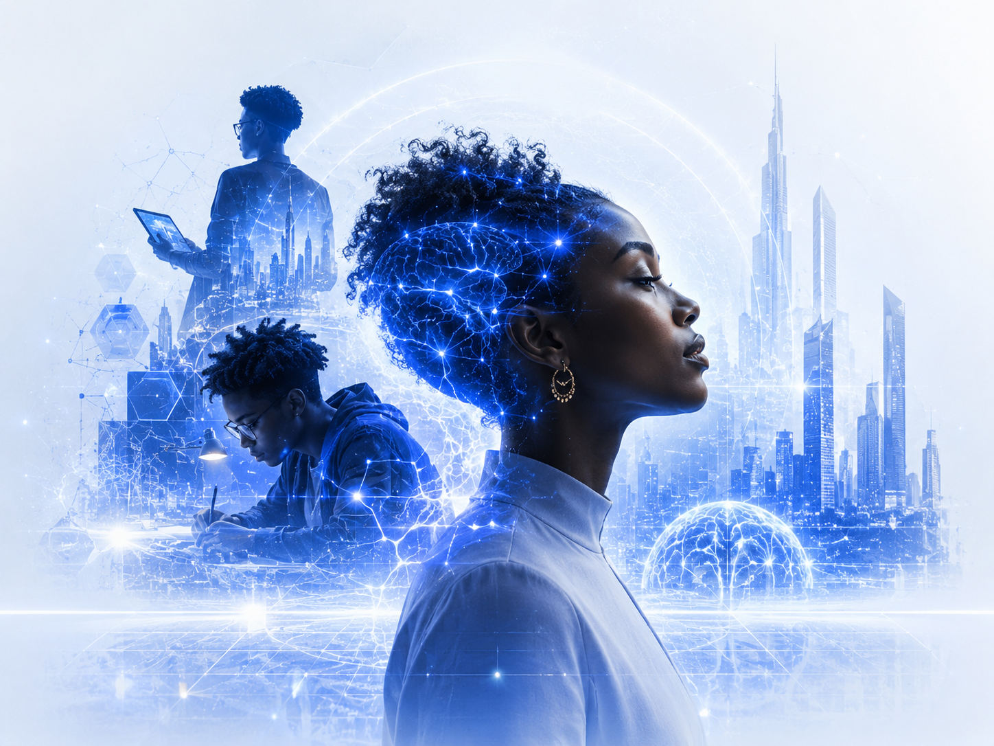 Black woman in profile with glowing neural pathways